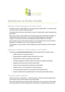 Definitions in Public Health Building a shared language across public health Sometimes we find ourselves talking at cross purposes within public health – no wonder we find it so hard to have our public health voice hea