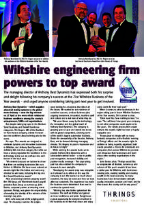 Anthony Best Dynamics MD Tim Rogers prepares to address the audience at the Wiltshire Business of the Year Awards Anthony Best Dynamics MD Tim Rogers receives the Overall Excellence Award from John Davies of Thrings