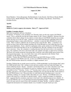 AACTMAD Board of Directors Meeting August 25, 2010 7:35 Board Members: Nelson Bacigalupo, Hal Breidenbach, Cyndy Keesler, Bob Messer, Brooke Ratliff, Carolyn Texley, Marlin Whitaker, Marty Wilson. Others attending: Greg 