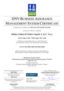 DNV BUSINESS ASSURANCE MANAGEMENT SYSTEM CERTIFICATE Certificato No. / Certificate No. CERTAQ-MIL-SINCERT Si attesta che / This is to certify that  Molino Tudori di Tudori Angelo A. & C. S.n.c.