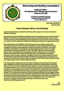 West Somerset Railway Association Registered Of/ice: The Railway Station, Bishops Lydeard, Taunton, Somerset, TA4 3BX A Company Limited by Guarantee Registered Charity No