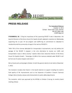 PRESS RELEASE For Immediate Release October 10, 2013 Contact: Steve Cash, Exec. Director[removed]cell) [removed]