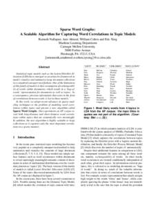 Sparse Word Graphs: A Scalable Algorithm for Capturing Word Correlations in Topic Models Ramesh Nallapati, Amr Ahmed, William Cohen and Eric Xing Machine Learning Department Carnegie Mellon University 5000 Forbes Avenue