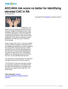 ACC/AHA risk score no better for identifying elevated CAC in RA