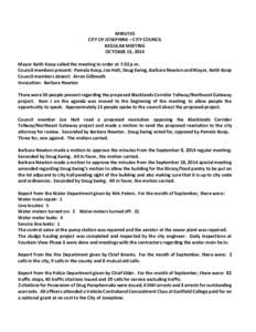 MINUTES CITY OF JOSEPHINE – CITY COUNCIL REGULAR MEETING OCTOBER 13, 2014 Mayor Keith Koop called the meeting to order at 7:02 p.m. Council members present: Pamela Koop, Joe Holt, Doug Ewing, Barbara Newton and Mayor, 