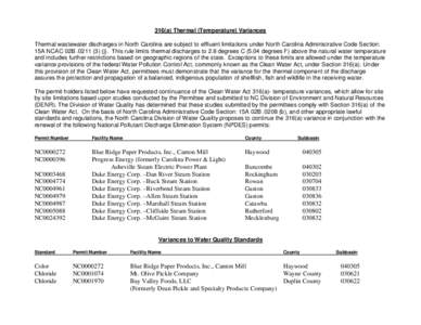 Thermal (Temperature) Variances to North Carolina Water Quality Standards