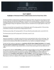 For Questions Ext: 52539 FACT SHEET:  Highlights of National Defense Authorization Act For Fiscal Year 2016