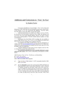 Additions and Corrections to “Fats” In Fact by Stephen Taylor Corrections and additions to Laurie Wright’s “Fats” In Fact (Storyville Publications, 1992) which have not been published (except where noted) in St