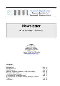 Research Committee on Sociology of Education (RC04) Newsletter RC04 Sociology of Education