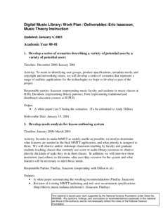 Digital Music Library: Work Plan / Deliverables: Eric Isaacson, Music Theory Instruction Updated: January 4, 2001 Academic Year[removed]Develop a series of scenarios describing a variety of potential uses by a