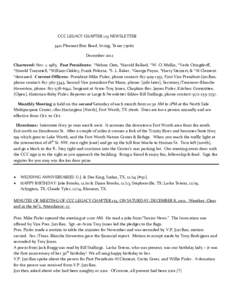 CCC LEGACY CHAPTER 123 NEWSLETTER 3412 Pleasant Run Road, Irving, Texas[removed]December 2012 Chartered: Nov. 1, 1985. Past Presidents: *Nelson Oats, *Harold Ballard, *W. O. Mullin, *Verle Oringderff, *Harold Trammell, *Wi