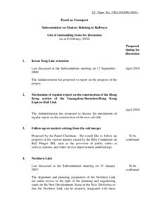 LC Paper No. CB[removed])  Panel on Transport Subcommittee on Matters Relating to Railways List of outstanding items for discussion (as at 8 February 2010)