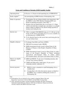 Annex 1 Terms and Conditions of Intraday RMB Liquidity Facility Operating hours 8:30 am to 11:30 pm on each operating day of RMB RTGS