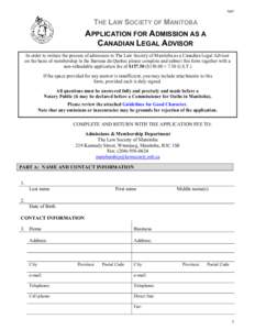 App5  THE LAW SOCIETY OF MANITOBA APPLICATION FOR ADMISSION AS A CANADIAN LEGAL ADVISOR