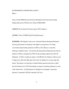 Notice of Final NPDES General Permit for Discharges from Concentrated Animal Feeding Operations in Mew Mexico