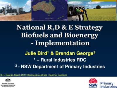 National R,D & E Strategy Biofuels and Bioenergy - Implementation Julie Bird1 & Brendan George2 – Rural Industries RDC 2 - NSW Department of Primary Industries