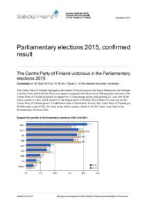 ElectionsParliamentary elections 2015, confirmed result The Centre Party of Finland victorious in the Parliamentary elections 2015