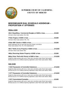 SUPERIOR COURT OF CALIFORNIA COUNTY OF MERCED MISDEMEANOR BAIL SCHEDULE ADDENDUM – PROPOSITION 47 OFFENSES PENAL CODE