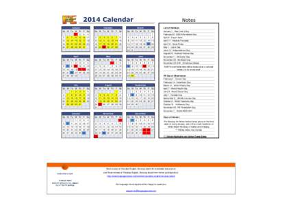 2014 Calendar January Su M Tu W Th Notes