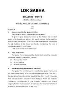 LOK SABHA ___ BULLETIN – PART I (Brief Record of Proceedings) ___