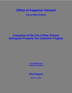 Office of Inspector General City of New Orleans Evaluation of the City of New Orleans Delinquent Property Tax Collection Program
