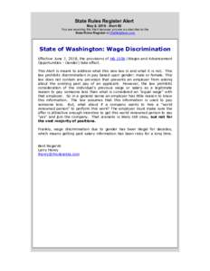 State Rules Register Alert May 8, Alert #2 You are receiving this Alert because you are a subscriber to the State Rules Register at CRAHelpDesk.com  State of Washington: Wage Discrimination