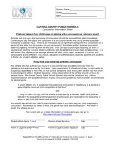 Student Name Grade Sport CARROLL COUNTY PUBLIC SCHOOLS Concussion Information Sheet