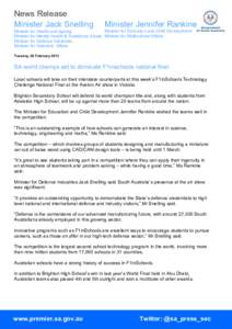 News Release Minister Jack Snelling Minister Jennifer Rankine  Minister for Education and Child Development