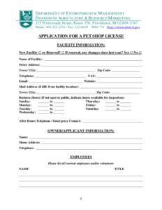 RI DEM/Agriculture- Application for a Pet Shop License