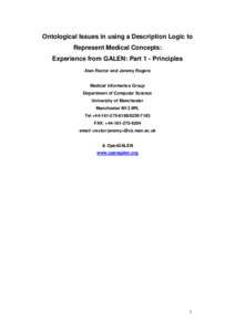 Ontological Issues in using a Description Logic to Represent Medical Concepts: Experience from GALEN: Part 1 - Principles Alan Rector and Jeremy Rogers  Medical Informatics Group