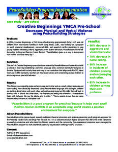 case study – pre-school  Creative Beginnings YMCA Pre-School Decreases Physical and Verbal Violence using PeaceBuilding Strategies