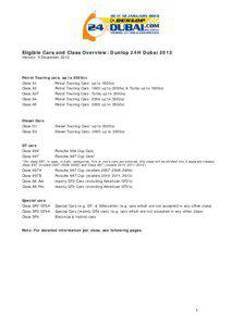 Eligible Cars and Class Overview: Dunlop 24H Dubai 2013 Version: 5 December 2012