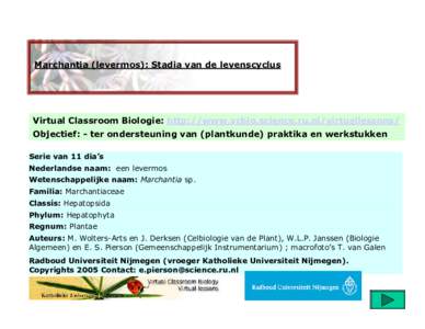 Marchantia (levermos): Stadia van de levenscyclus  Virtual Classroom Biologie: http://www.vcbio.science.ru.nl/virtuallessons/ Objectief: - ter ondersteuning van (plantkunde) praktika en werkstukken Serie van 11 dia’s N