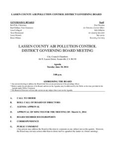 LASSEN COUNTY AIR POLLUTION CONTROL DISTRICT GOVERNING BOARD GOVERNING BOARD Staff  Bob Pyle, Chairman