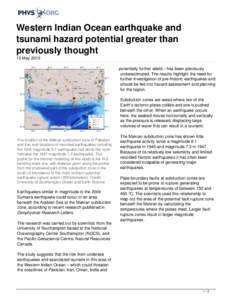 Western Indian Ocean earthquake and tsunami hazard potential greater than previously thought