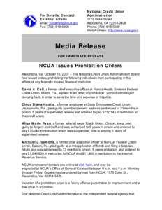 Media Release - NCUA Issues Prohibition Orders