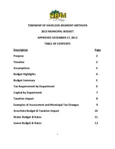 TOWNSHIP OF HAVELOCK-BELMONT-METHUEN 2013 MUNICIPAL BUDGET APPROVED DECEMBER 17, 2012 TABLE OF CONTENTS Description