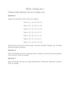 PS132 - Problem Set 1 PLEASE SUBMIT BEFORE CLASS ON OCTOBER 6, 2015 Question 1 Suppose the preferences of the voters are as follows: Voter 1: C  A  E  B  D Voter 2: D  A  E  C  B