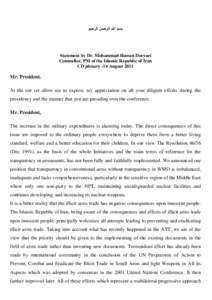 ‫ﺑﺴﻢ اﷲ اﻟﺮﺣﻤﻦ اﻟﺮﺣﯿﻢ‬  Statement by Dr. Mohammad Hassan Daryaei Counsellor, PM of the Islamic Republic of Iran CD plenary -14 August 2011