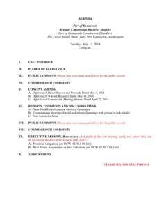 AGENDA Port of Kennewick Regular Commission Business Meeting Port of Kennewick Commission Chambers 350 Clover Island Drive, Suite 200, Kennewick, Washington Tuesday, May 13, 2014