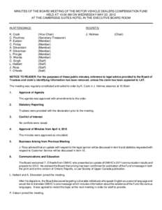 MINUTES OF THE BOARD MEETING OF THE MOTOR VEHICLE DEALERS COMPENSATION FUND HELD AT 10:00 AM ON WEDNESDAY MAY 23, 2012 AT THE CAMBRIDGE SUITES HOTEL IN THE EXECUTIVE BOARD ROOM IN ATTENDANCE: