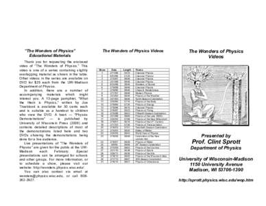 “The Wonders of Physics” Educational Materials Thank you for requesting the enclosed video of “The Wonders of Physics.” This video is one of a series containing slightly overlapping material as shown in the table