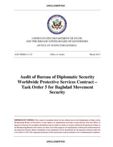 Audit of Bureau of Diplomatic Security Worldwide Protective Services Contract – Task Order 5 for Baghdad Movement Security