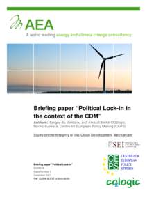 A world leading energy and climate change consultancy  Briefing paper “Political Lock-in in the context of the CDM” Authors: Tanguy du Monceau and Arnaud Brohé CO2logic, Noriko Fujiwara, Centre for European Policy M