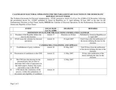 CALENDAR OF ELECTORAL OPERATIONS FOR THE PARLIAMENTARY ELECTIONS IN THE DEMOCRATIC REPUBLIC OF EAST TIMOR The Technical Secretariat for Electoral Administration – STAE, pursuant to Article 18 of Law No[removed]of 28 December, following