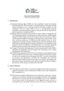 Grievance Redressal Policy (Revised as onIntroduction 1.1. National Housing Bank (NHB) has been established under the National