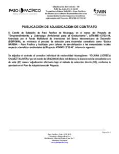 Adjudicación de Contrato – SD TdR No2015 “Consultoría Enlace MARENA – Paso Pacifico y facilitador para talleres de sensibilización a las comunidades locales respecto a beneficios ambientales del Pr