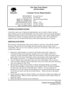 Fair Oaks Water District Job Description Customer Service Representative DEPARTMENT: FLSA STATUS: