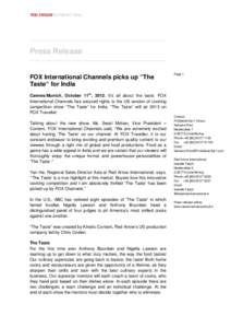Press Release FOX International Channels picks up “The Taste“for India Page 1