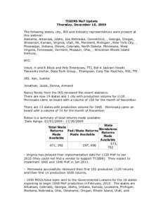 TIGERS MeF Update Thursday, December 10, 2009 The following states, city, IRS and Industry representatives were present at this webinar: Alabama, Arkansas, Idaho, Iow Nebraska, Connecticut, , Georgia, Oregon, Wisconsin, 